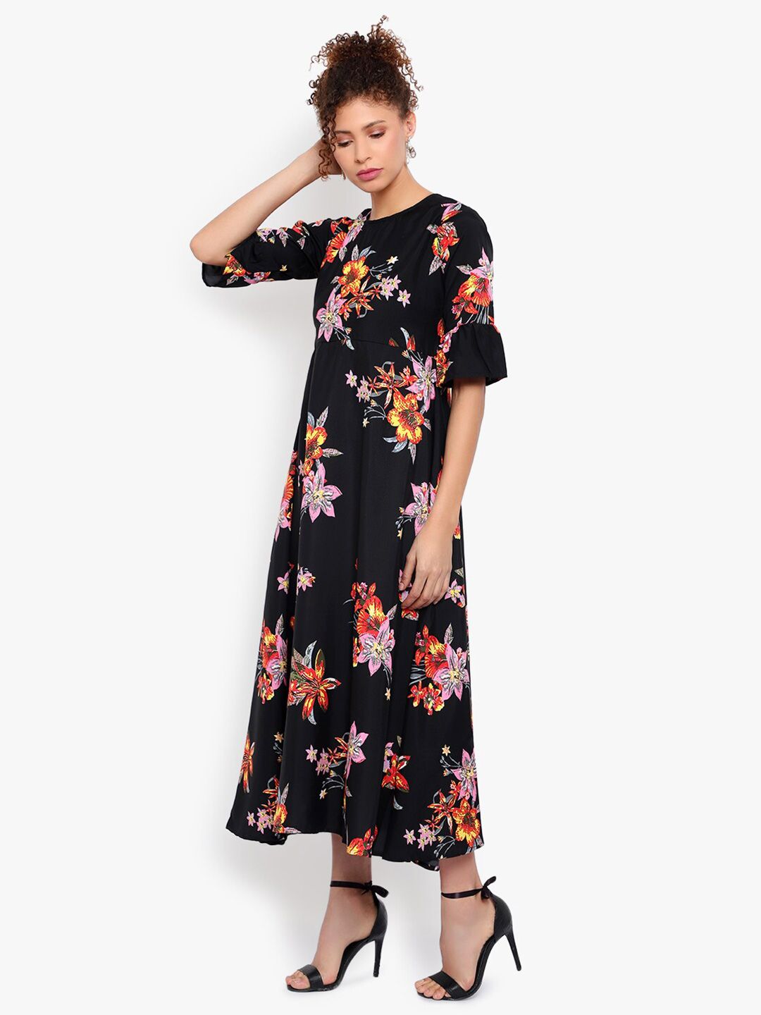 Black and Orange Floral Print Dress — view 4