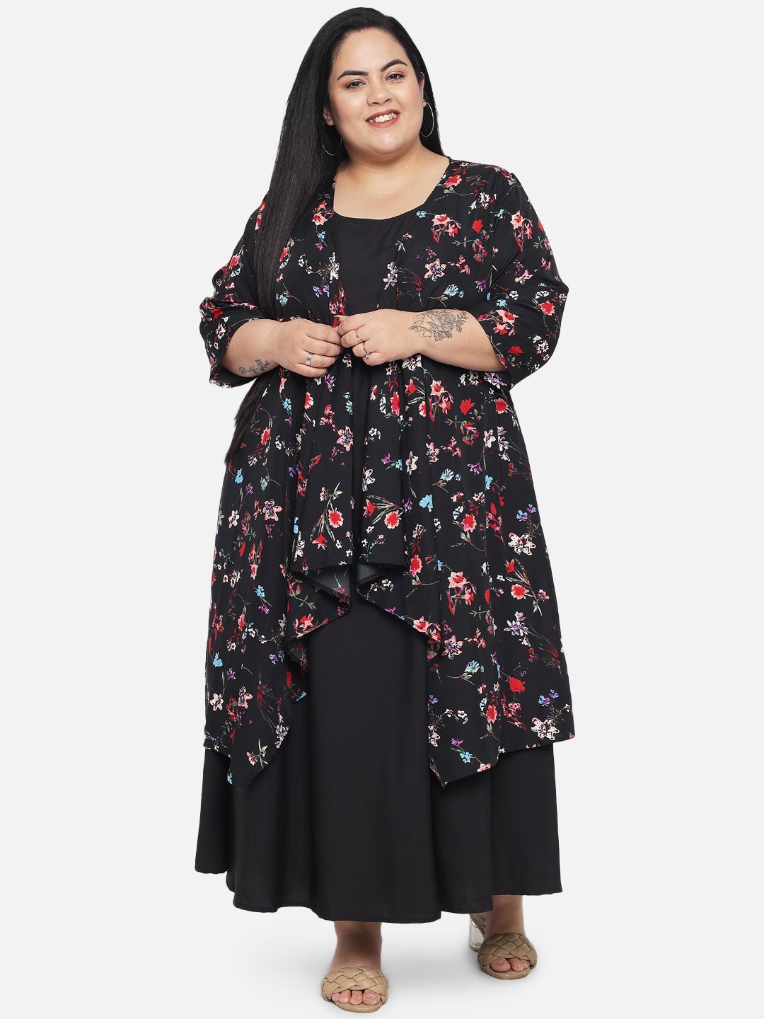 Black Floral Layered Maxi Plus Size Dress — view 1