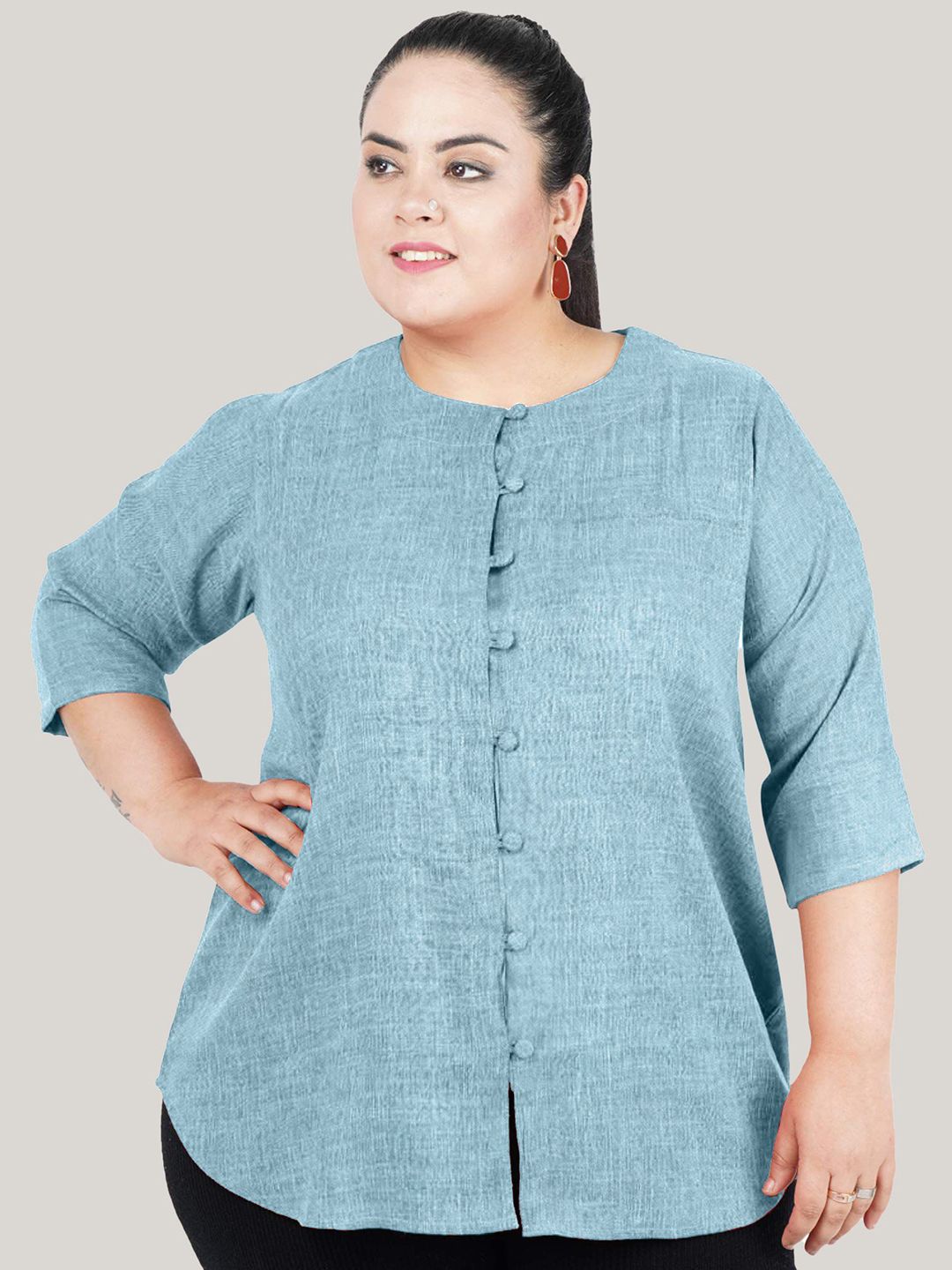 Blue Cotton Linen Plus Size Tunic — view 1
