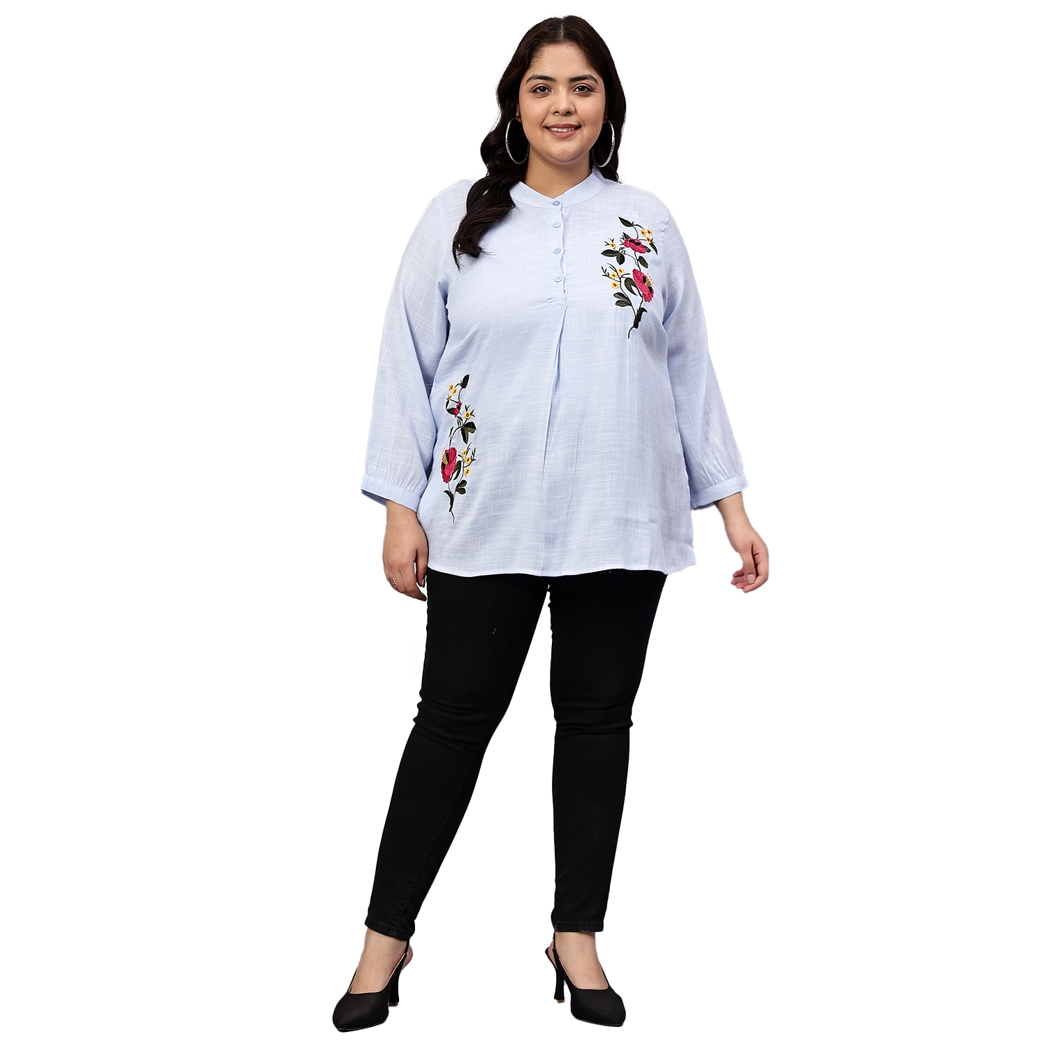 Blue Floral Embroidered Plus Size Tunic