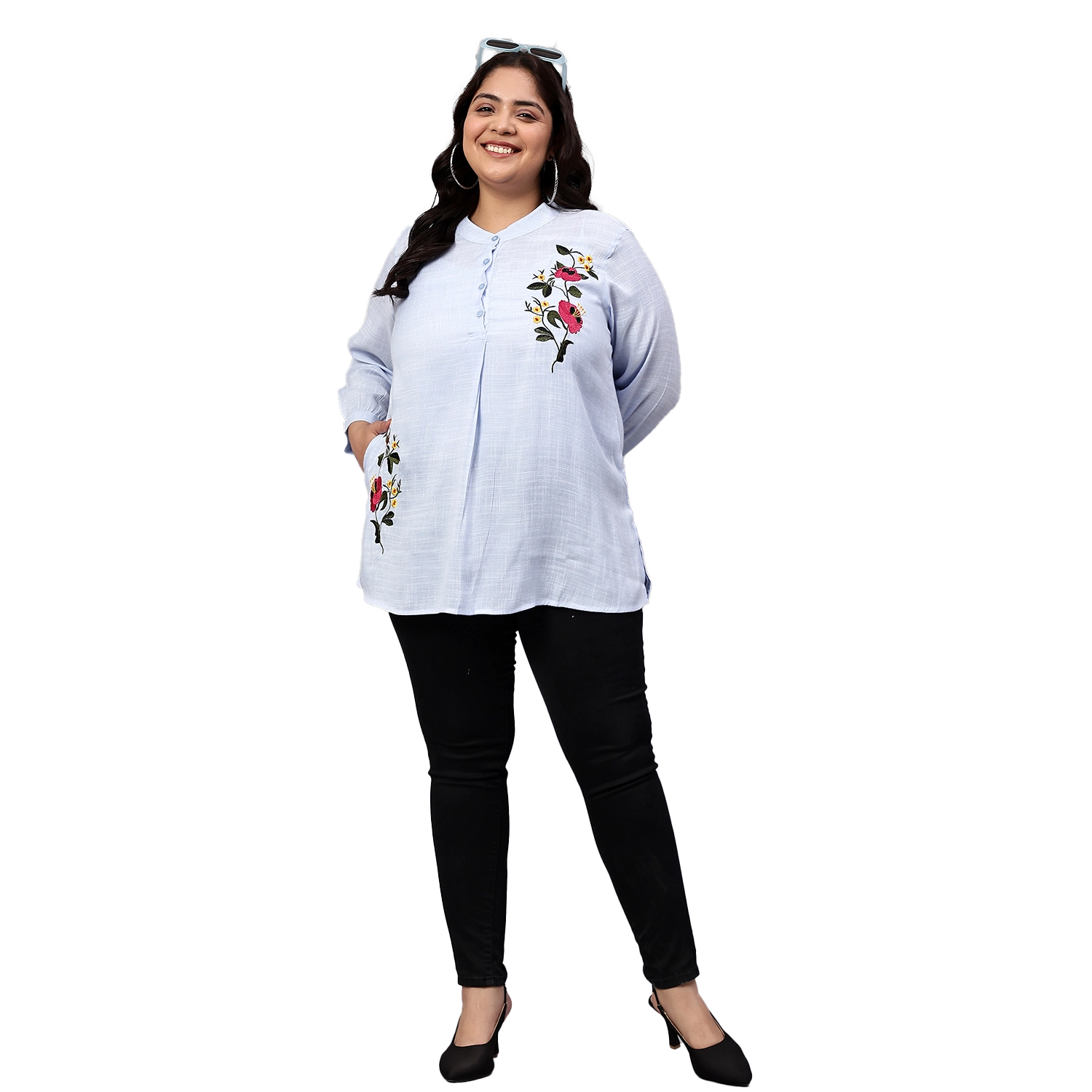 Blue Floral Embroidered Plus Size Tunic