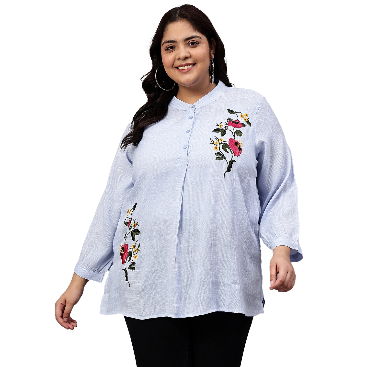 Blue Floral Embroidered Plus Size Tunic
