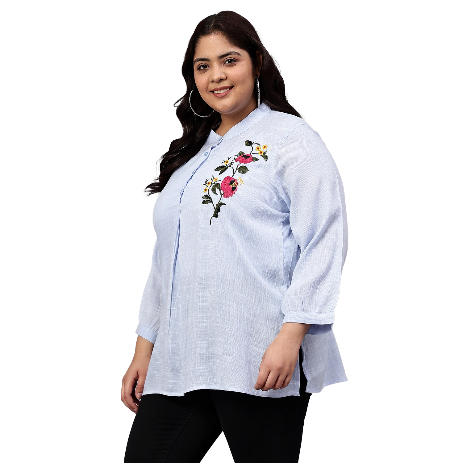 Blue Floral Embroidered Plus Size Tunic