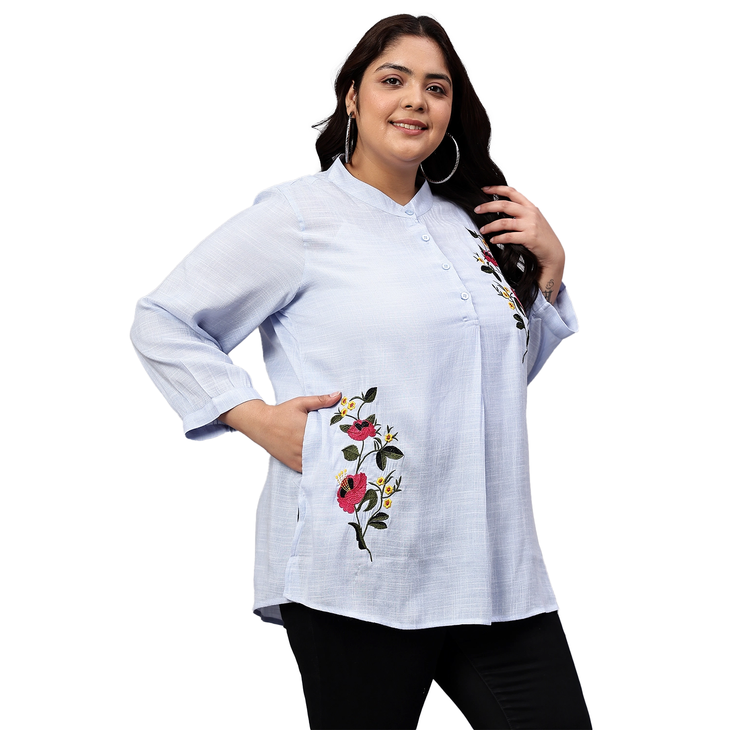 Blue Floral Embroidered Plus Size Tunic
