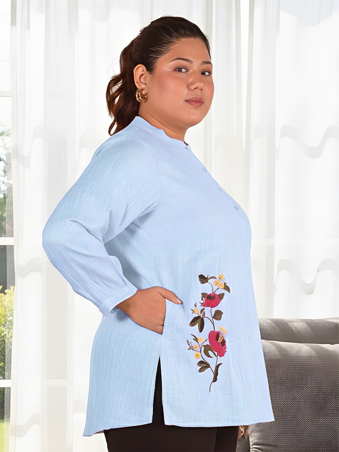 Blue Floral Embroidered Plus Size Tunic — view 3