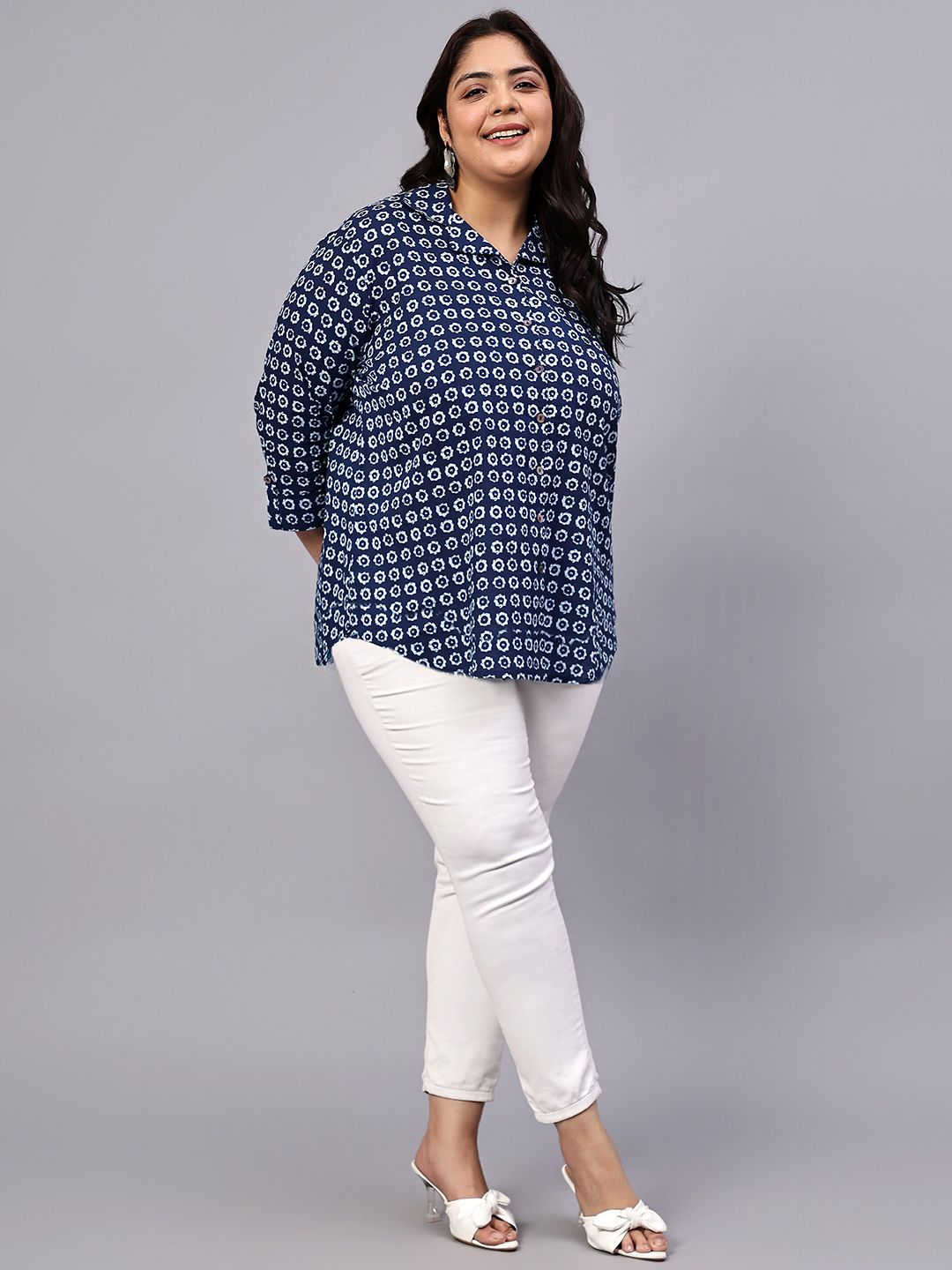 Blue Floral Print Plus Size Shirt — view 6