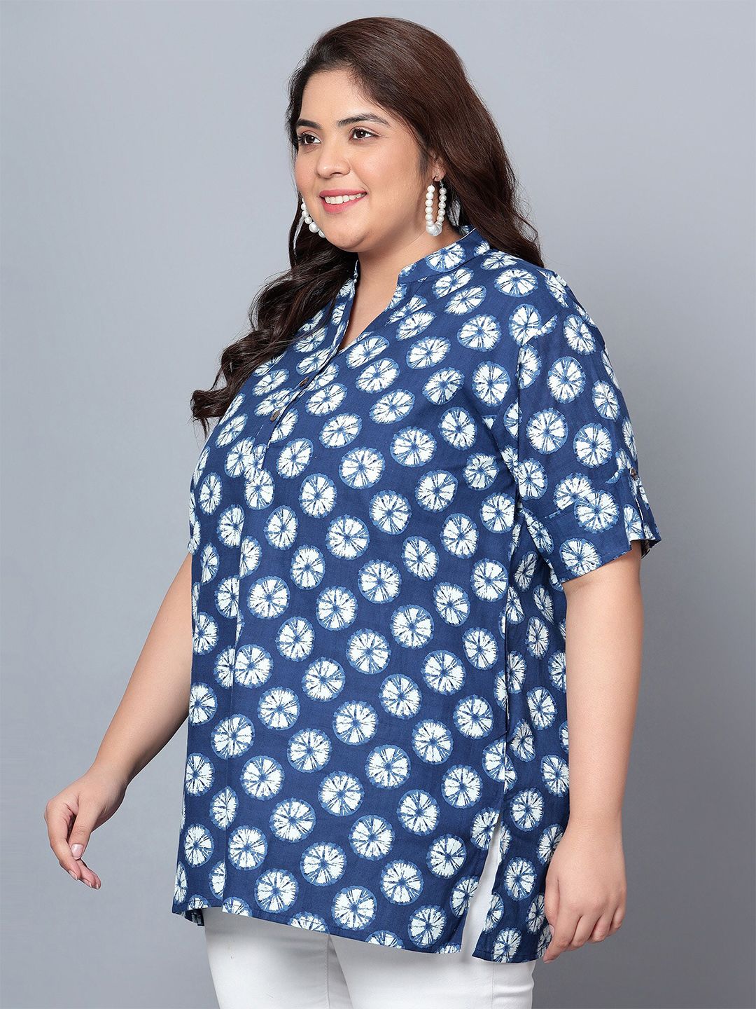 Blue Geometric Cotton Plus Size Tunic — view 4