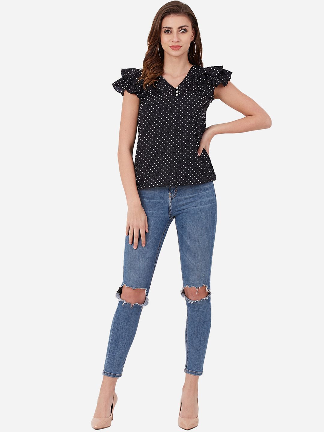 Black Polka Dot Buttoned Ruffle Top — view 10