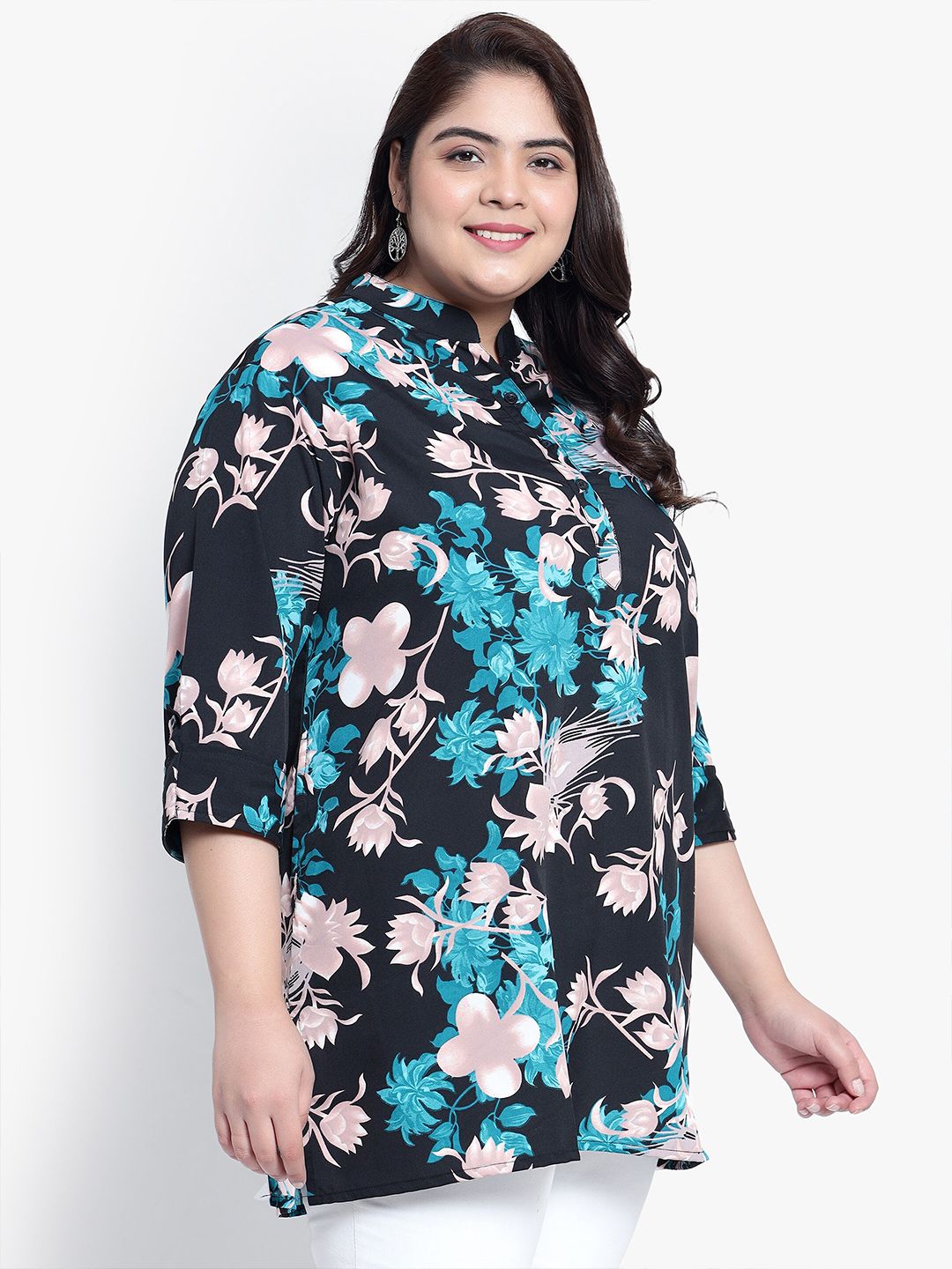 Green and Pink Floral Print Plus Size Tunic — view 3
