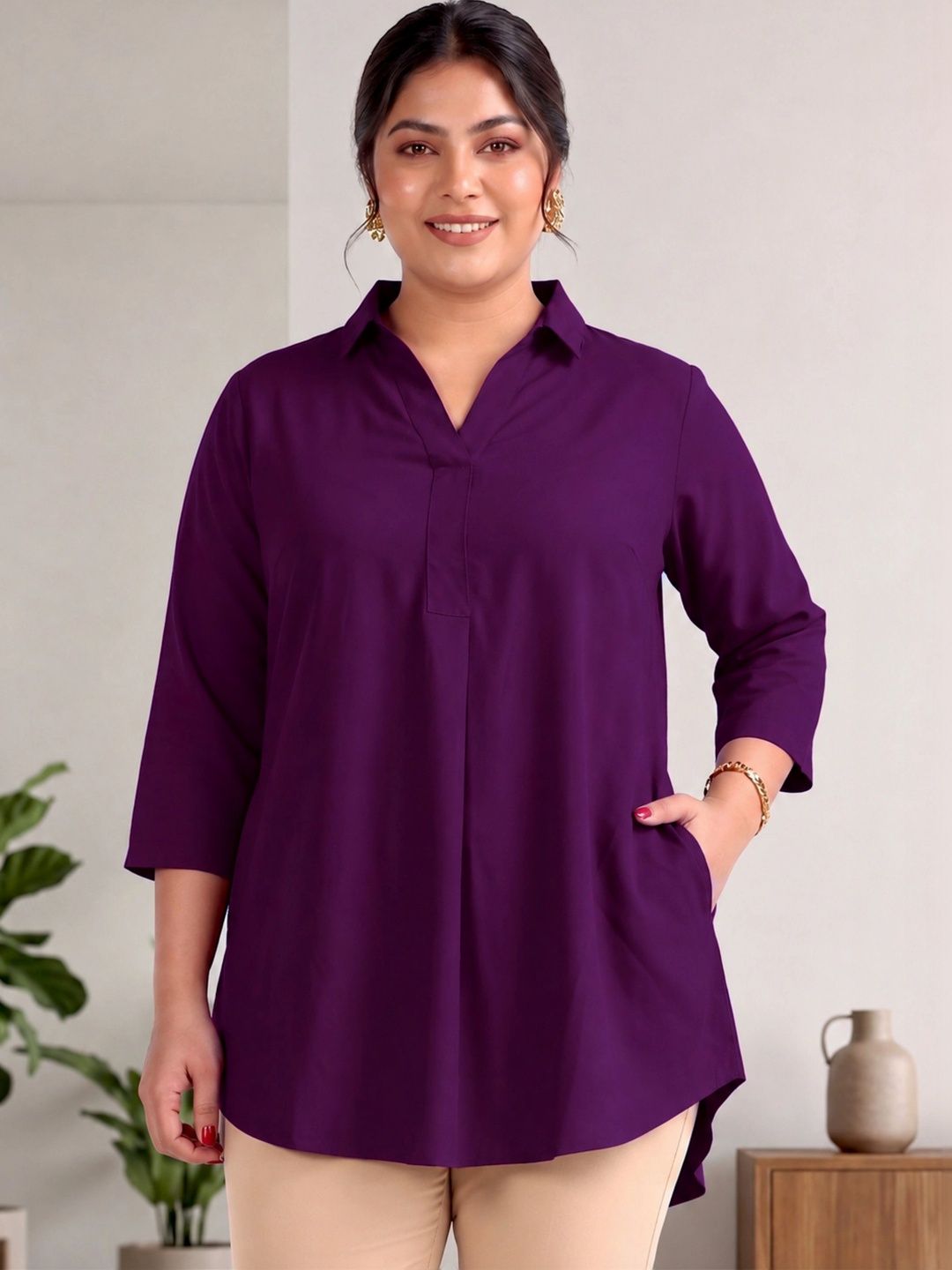 Purple Rayon Centrepleat Longline Tunic — view 1