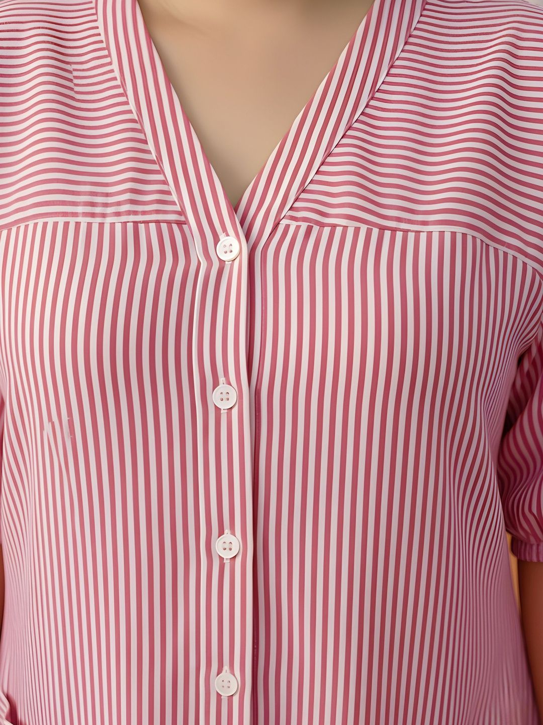 Pink Stripe Print Linen Midi Dress — view 7