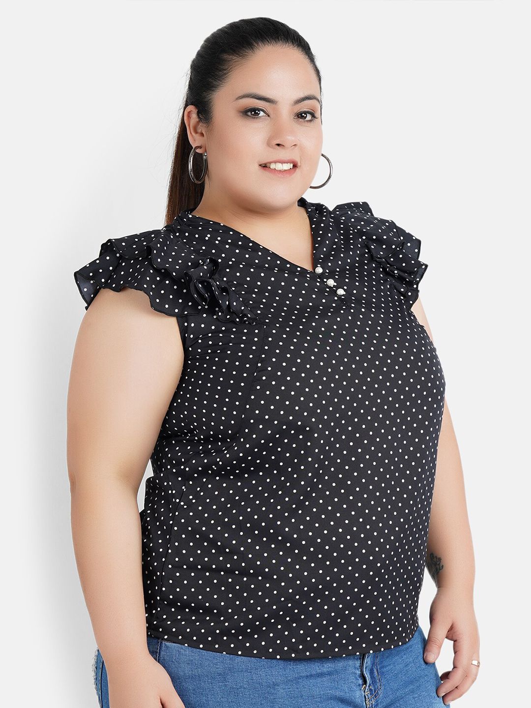 Black Polka Dot Buttoned Ruffle Top — view 3