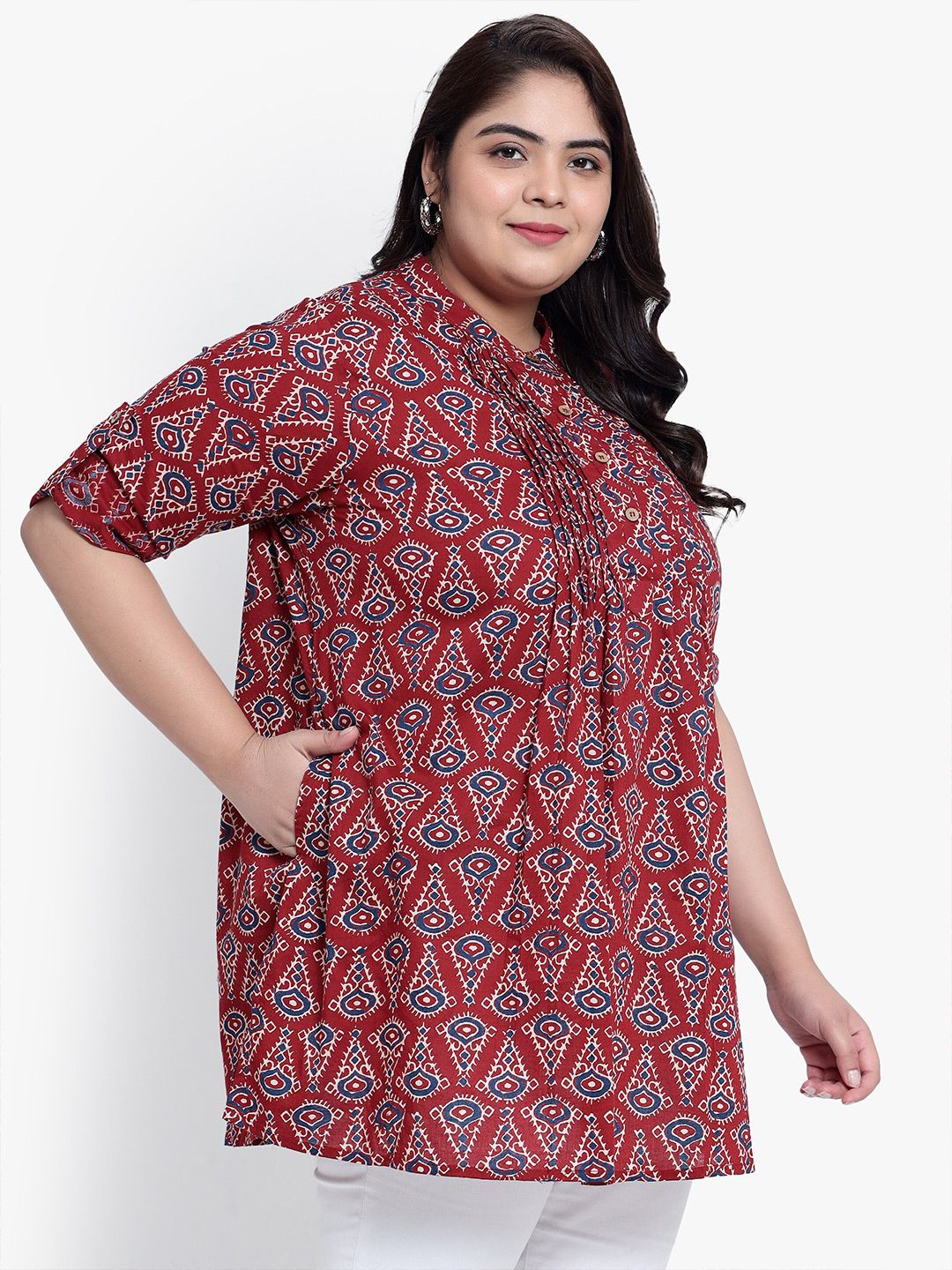 Red Geometric Print Pleat Plus Size Tunic — view 3