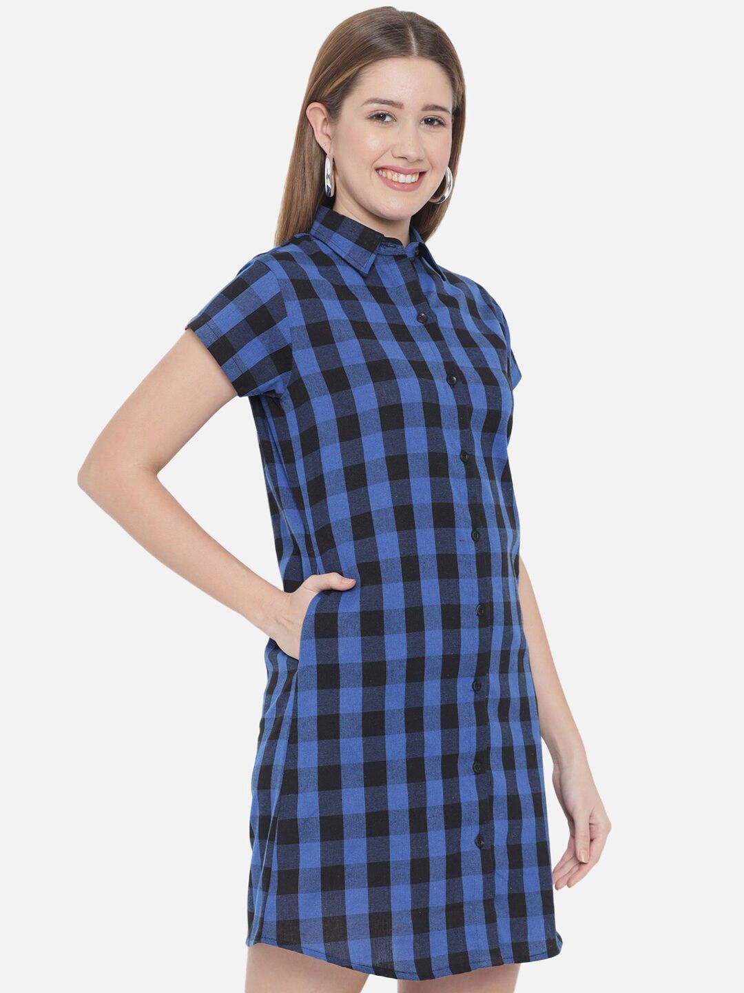 Dark Blue Checkered Plus Size Dress — view 3