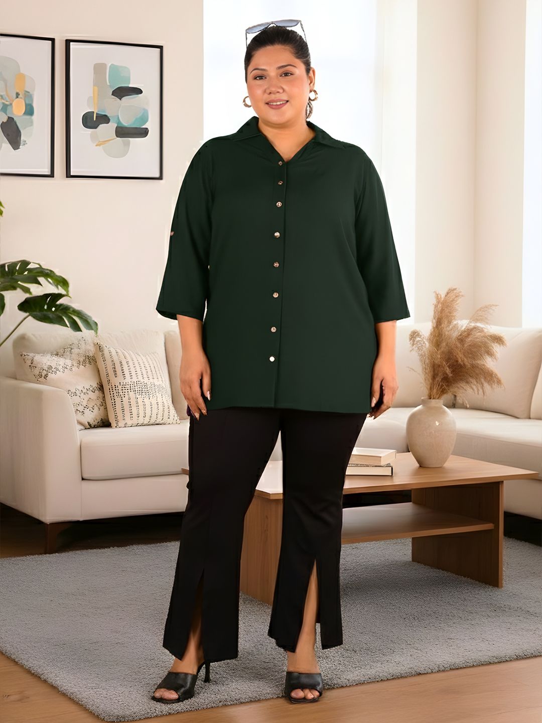 Dark Green Longline Plus Size Shirt — view 7