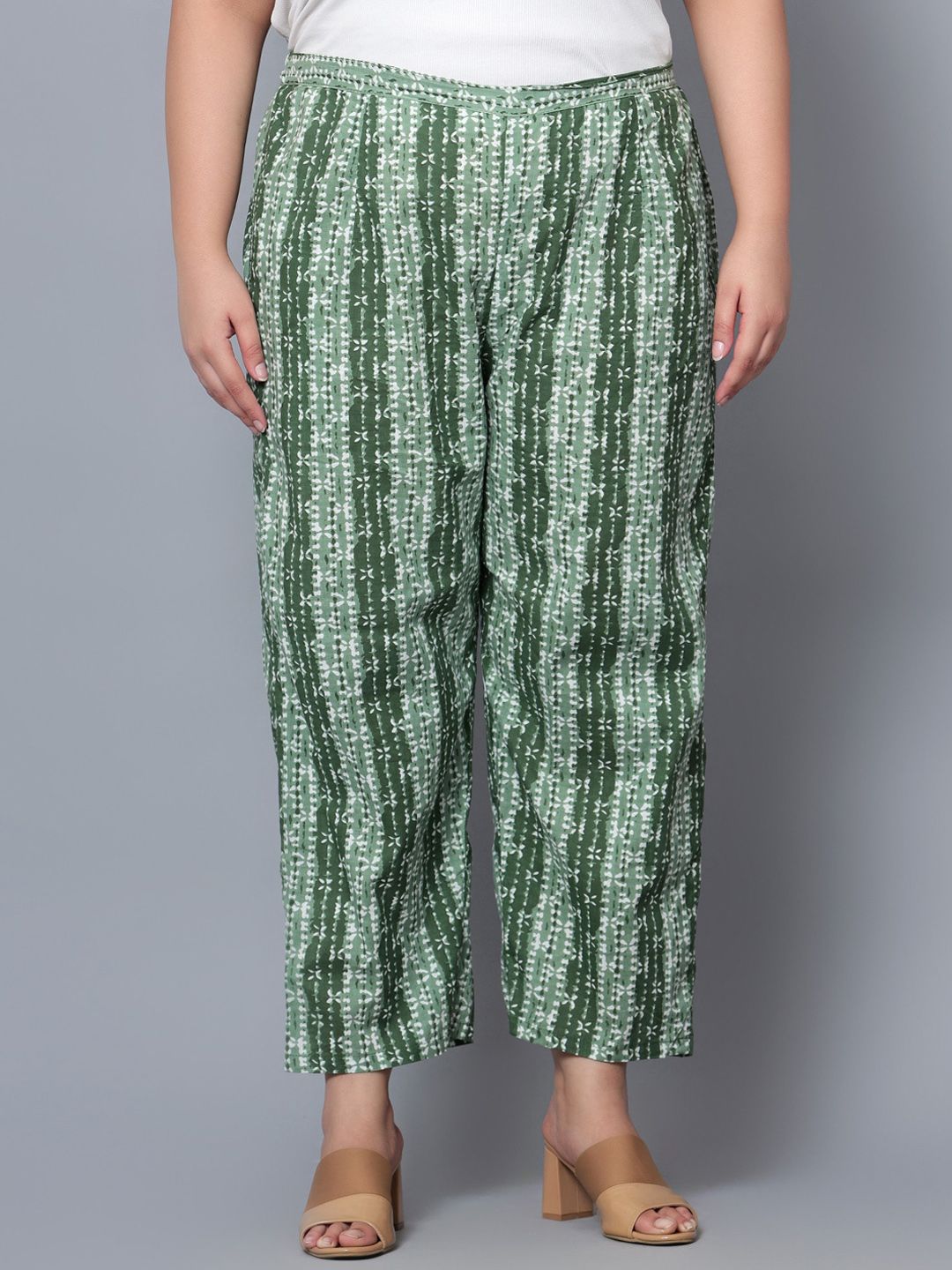 Green Hand Block Print Plus Size Trousers — view 1