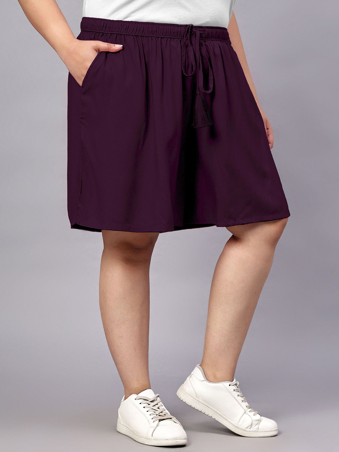 Purple Solid Plus Size Flared Shorts — view 2