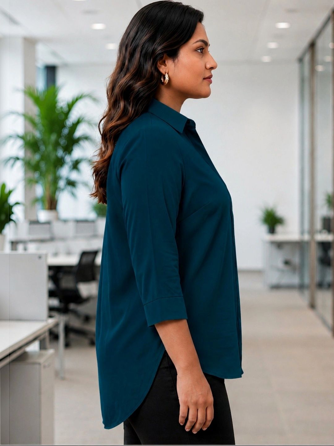 Peacock Blue Rayon Concealed Plus Size Tunic — view 3