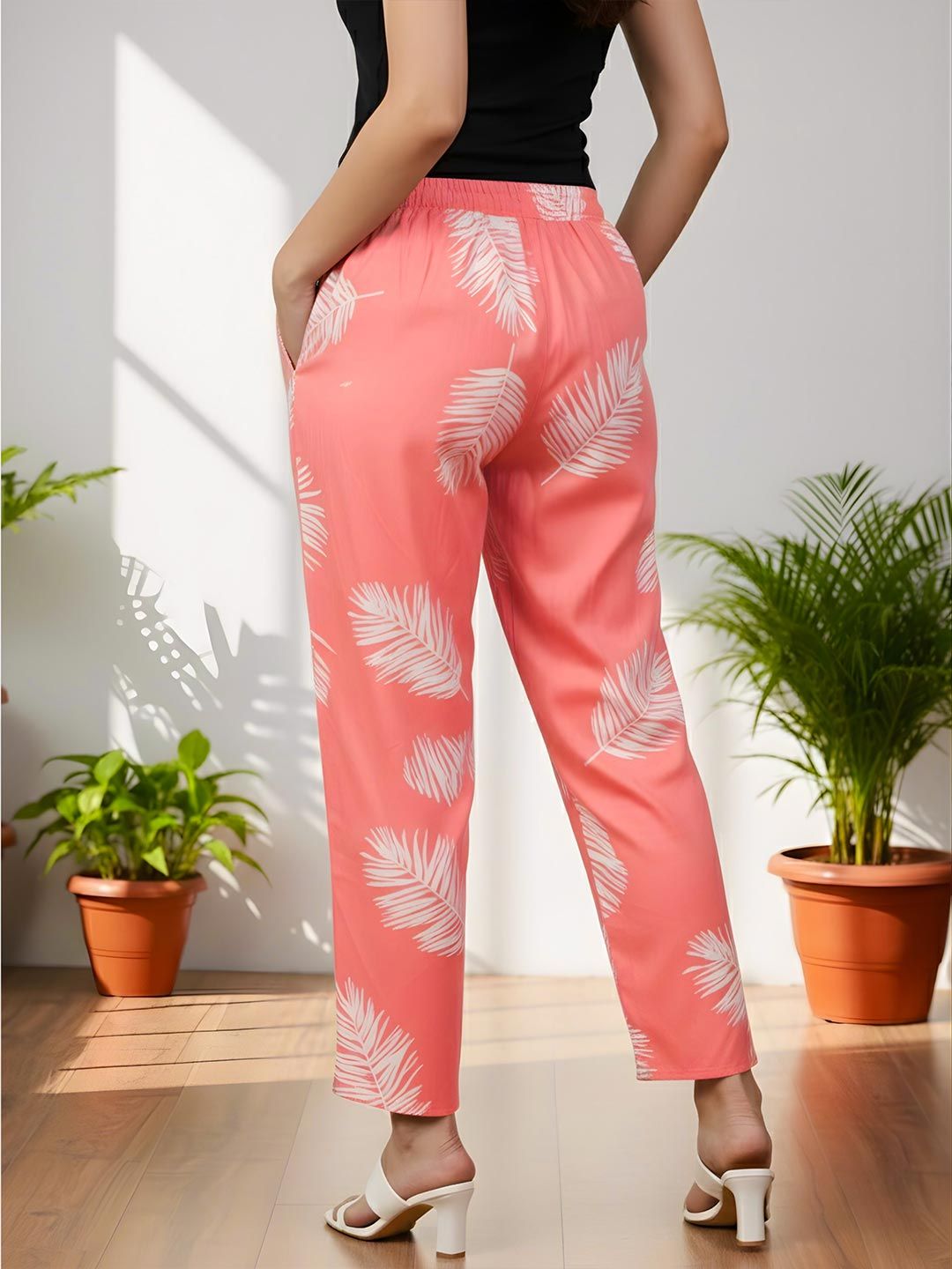 Pink Leaf Print Trousers — view 4