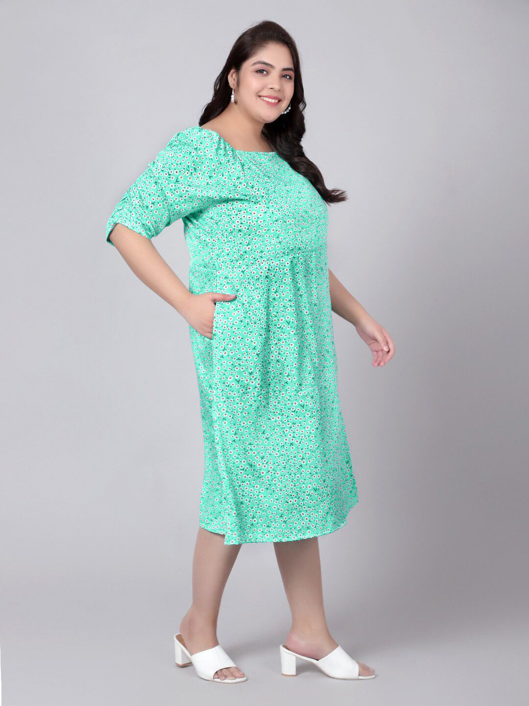 Green Floral Print Slit Dress — view 3
