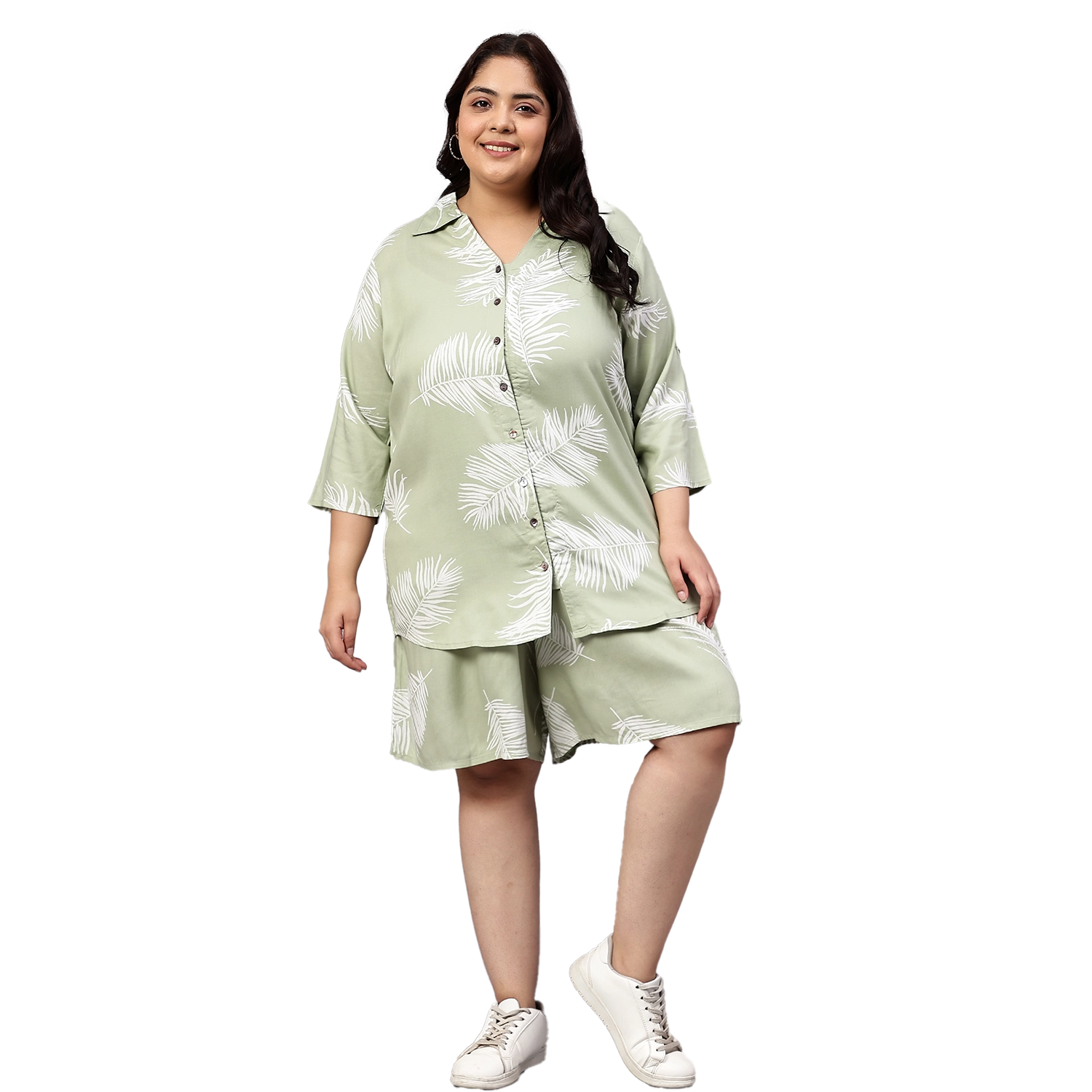 Green Leaf Plus Size Flared Shorts