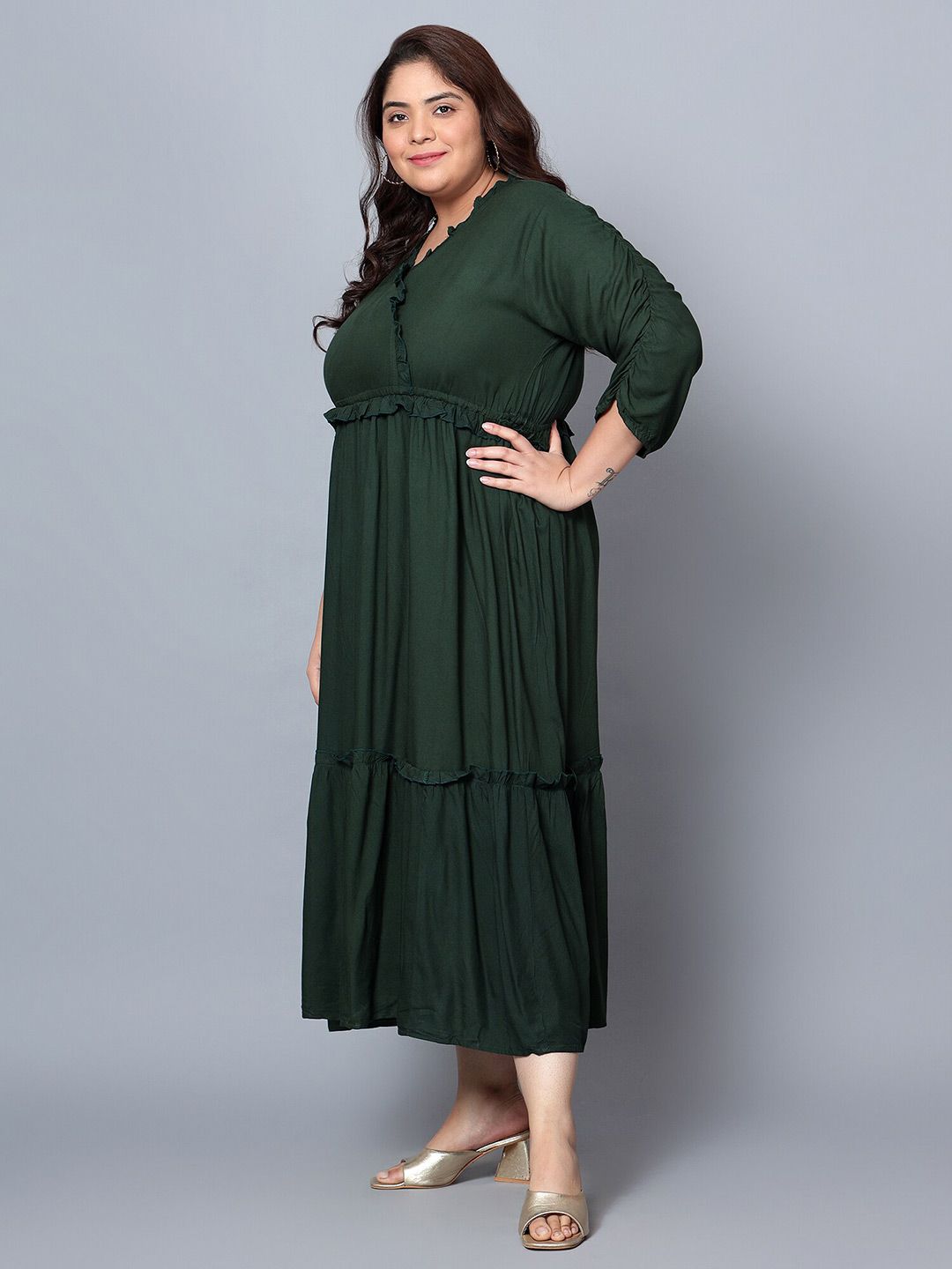 Dark Green Solid Tier Plus Size Dress — view 4