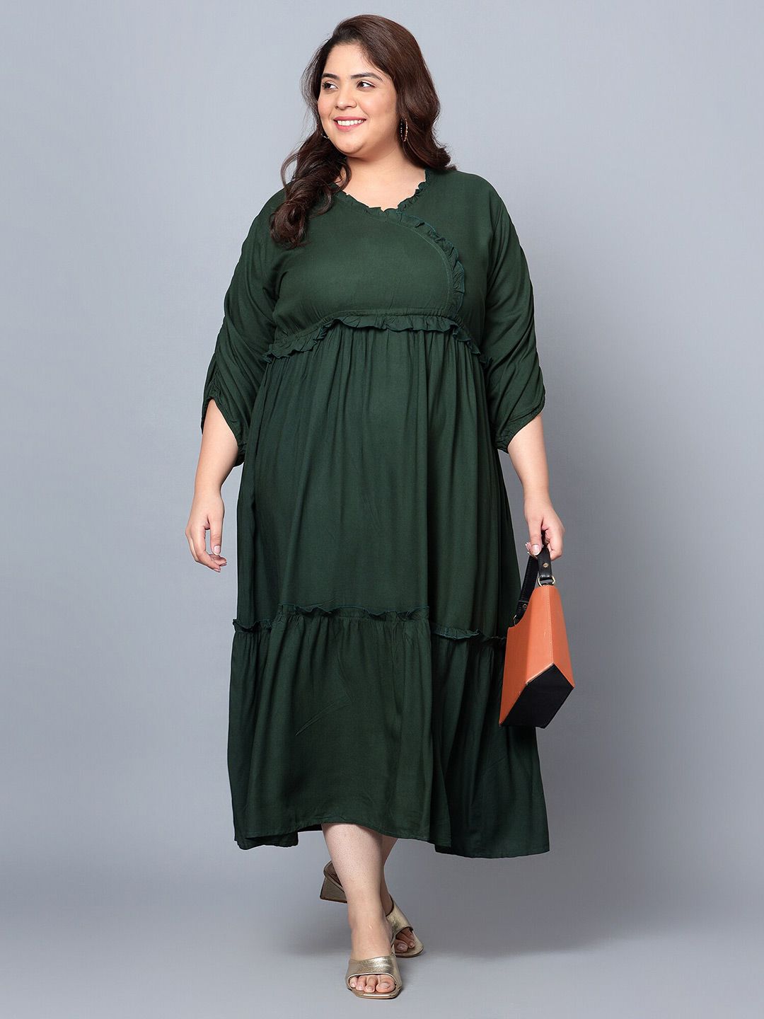 Dark Green Solid Tier Plus Size Dress — view 6