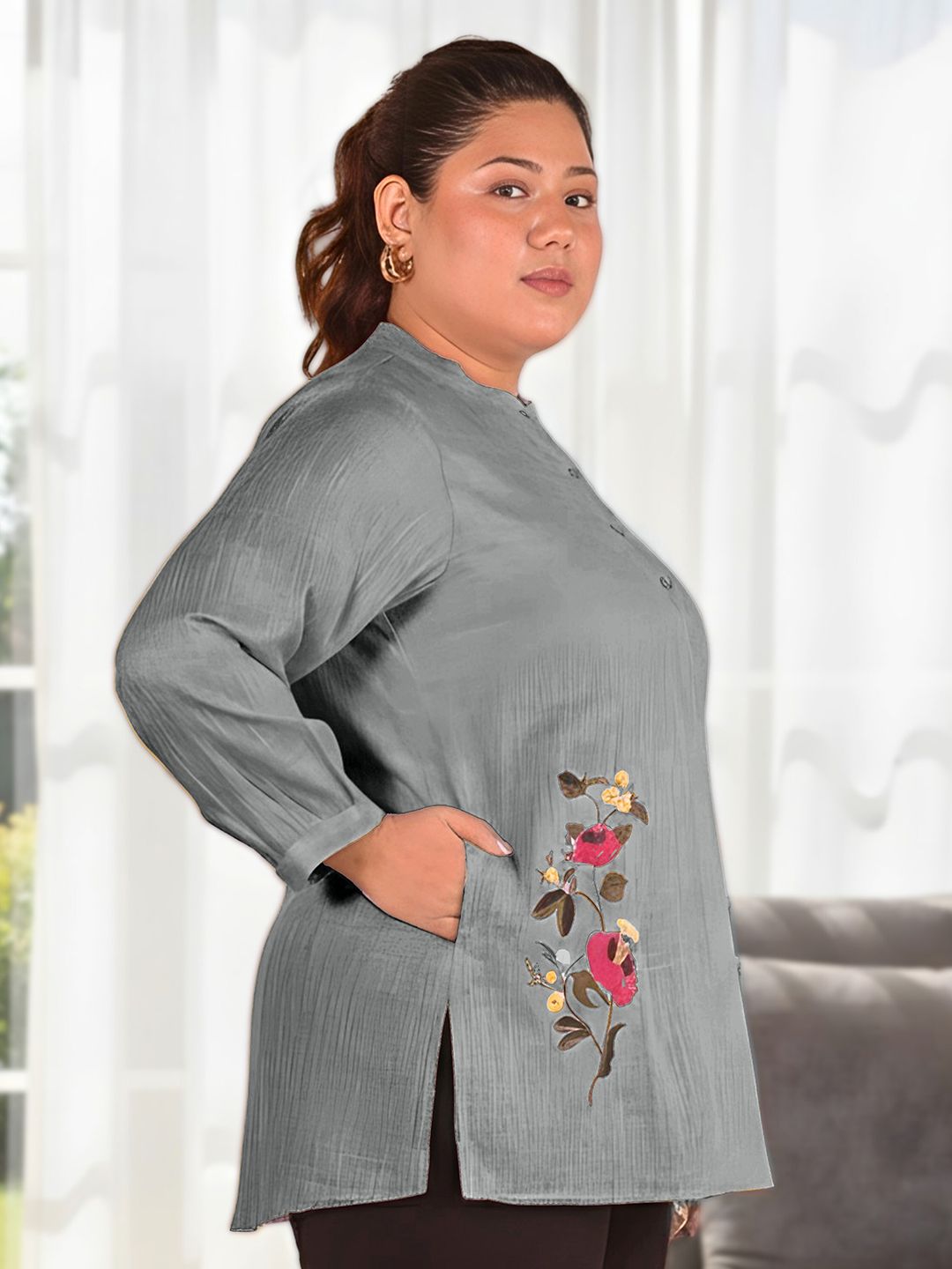 Grey Floral Embroidered Plus Size Tunic — view 2