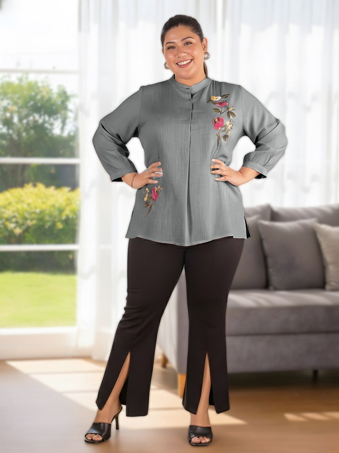 Grey Floral Embroidered Plus Size Tunic — view 5