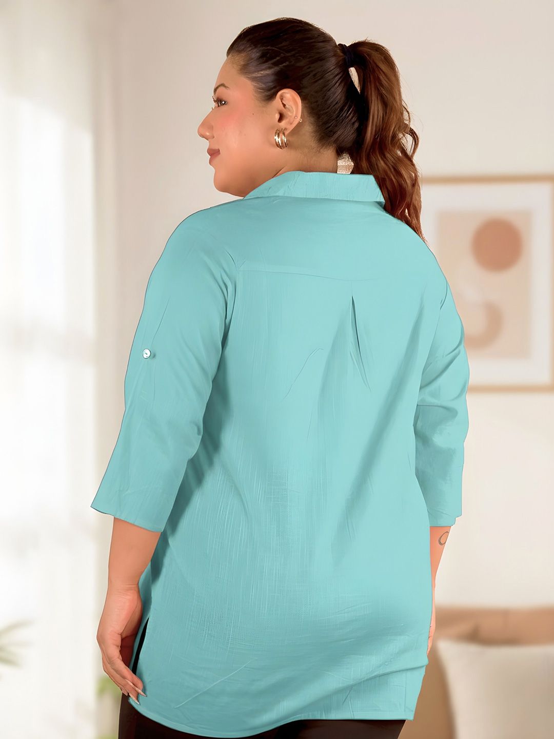 Blue Cotton Longline Plus Size Shirt — view 5