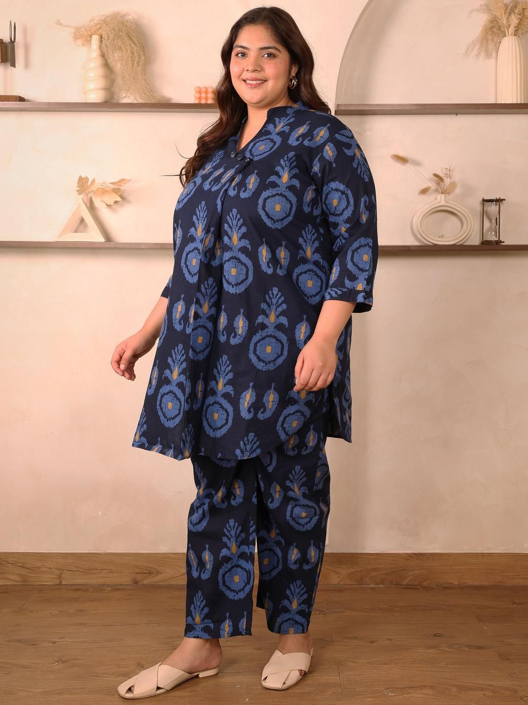 Indigo Blue Cotton Print Plus Size Co Ord Set — view 4