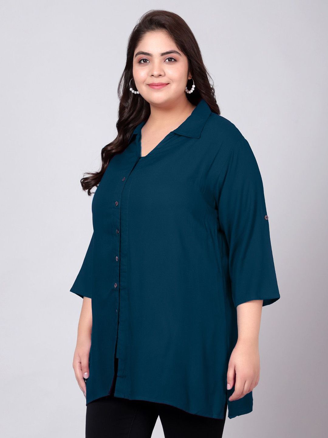 Peacock Blue Longline Plus Size Shirt — view 4