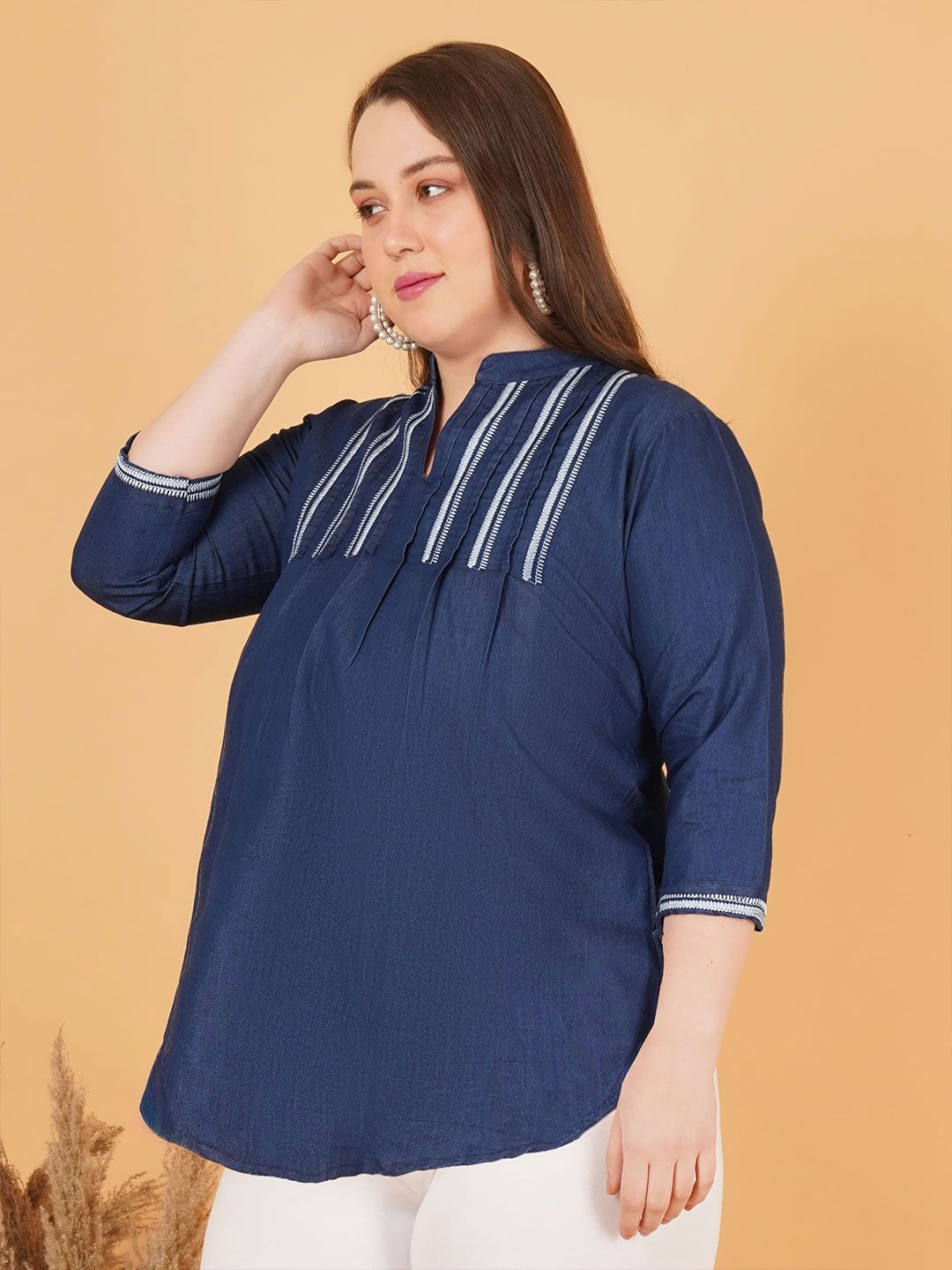 Denim Embroidered Plus Size Tunic — view 4