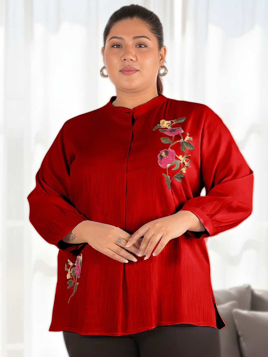 Maroon Floral Embroidered Plus Size Tunic — view 1