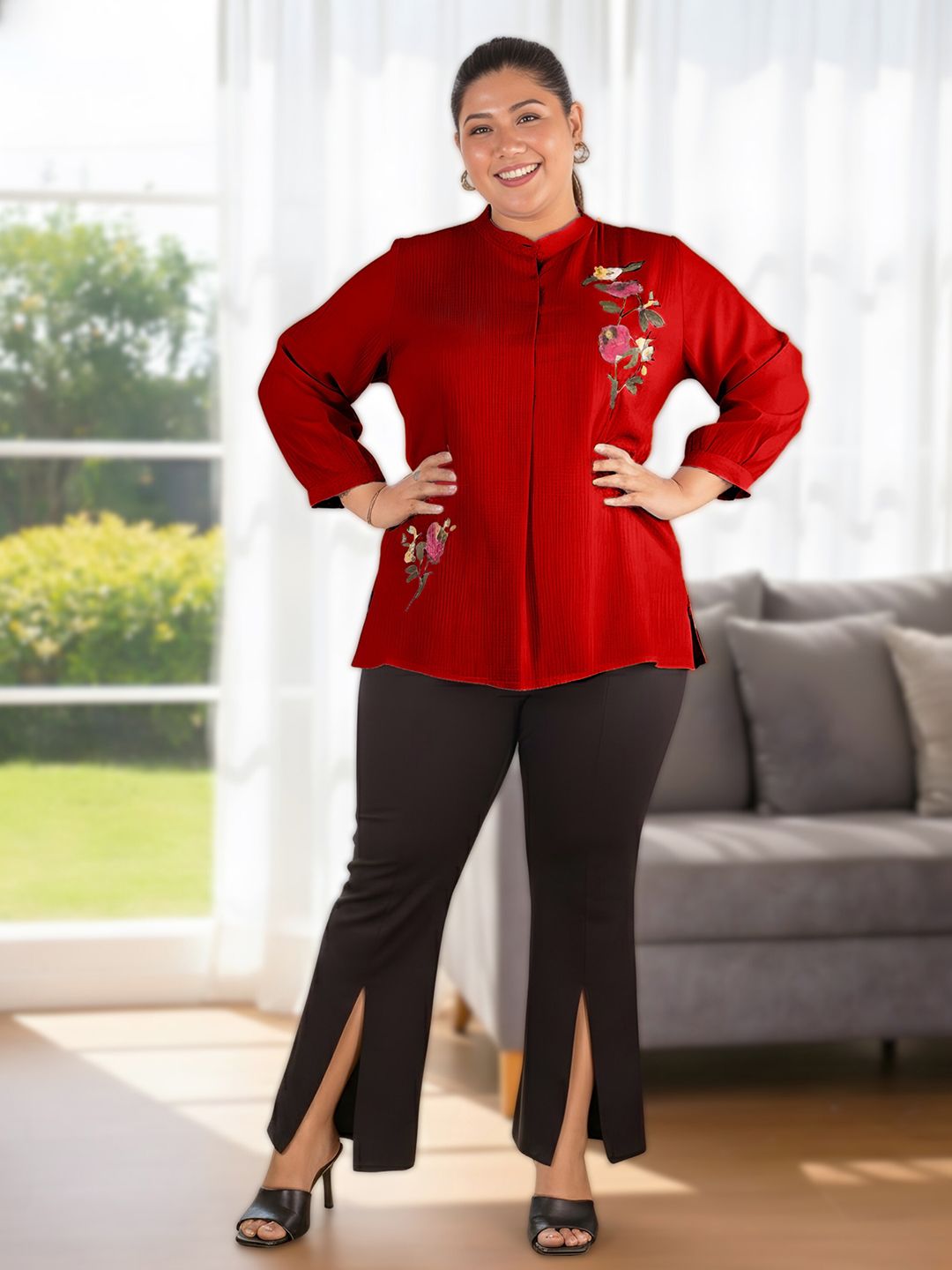 Maroon Floral Embroidered Plus Size Tunic — view 5