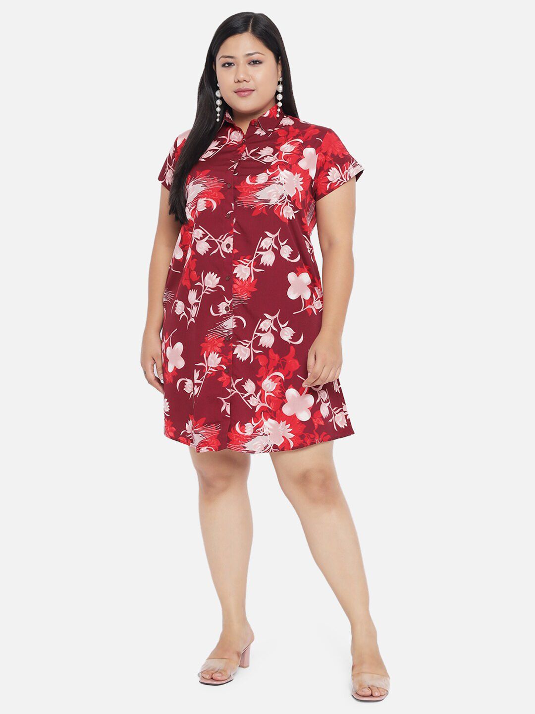 Maroon Floral Plus Size Shirt Dress — view 6