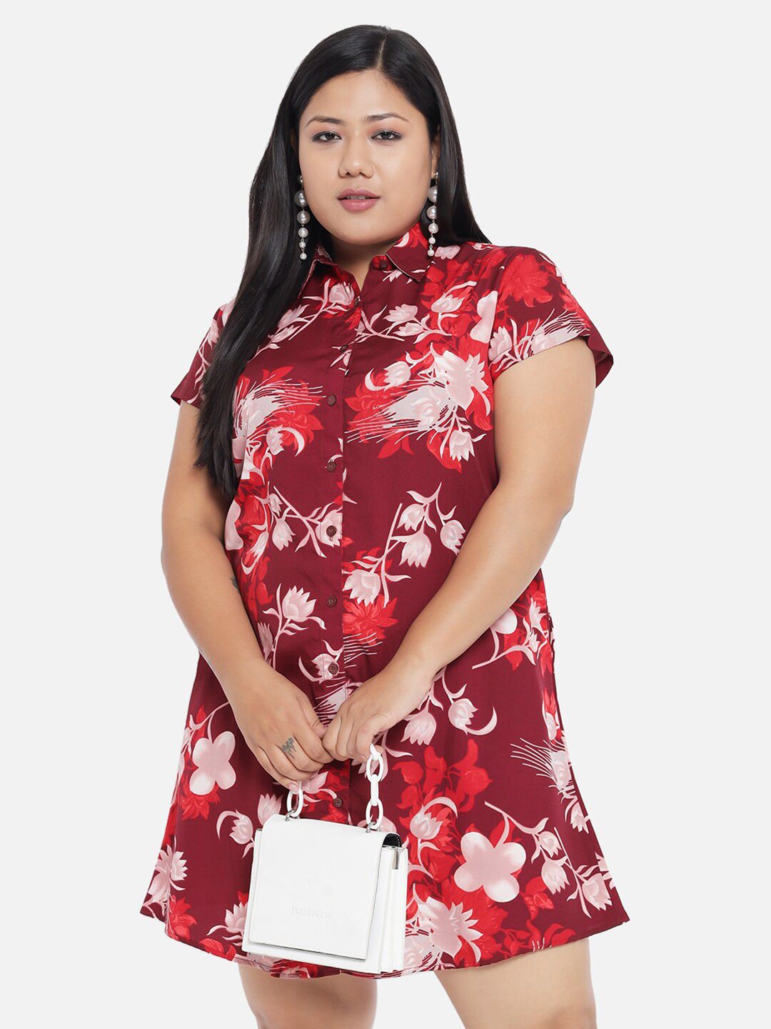 Maroon Floral Plus Size Shirt Dress — view 7