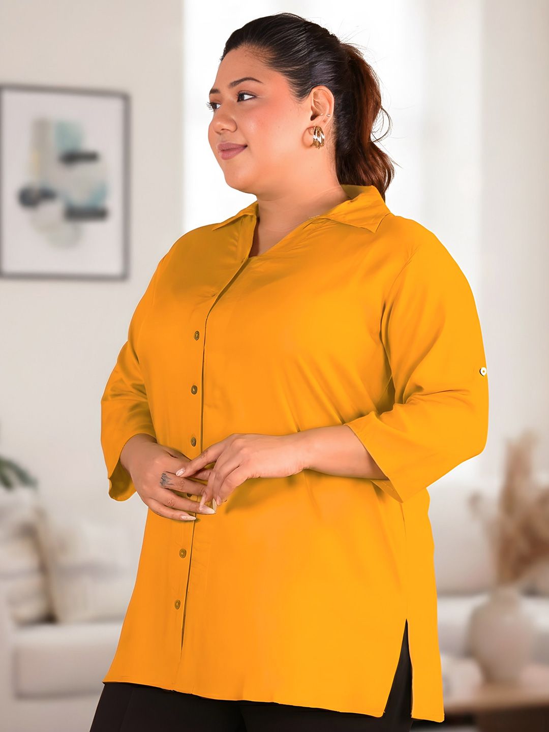 Mustard Longline Plus Size Shirt — view 5
