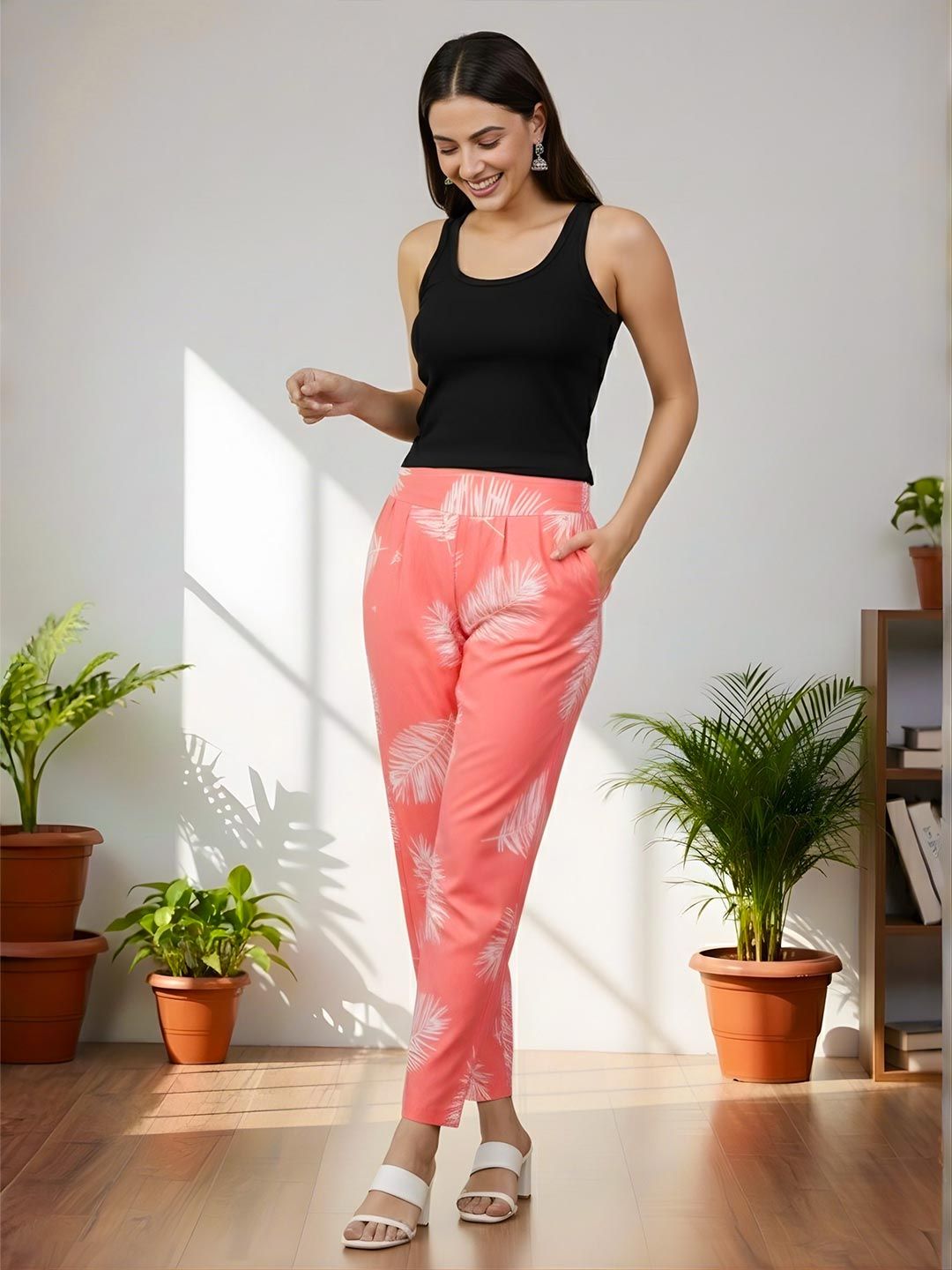 Pink Leaf Print Trousers — view 5