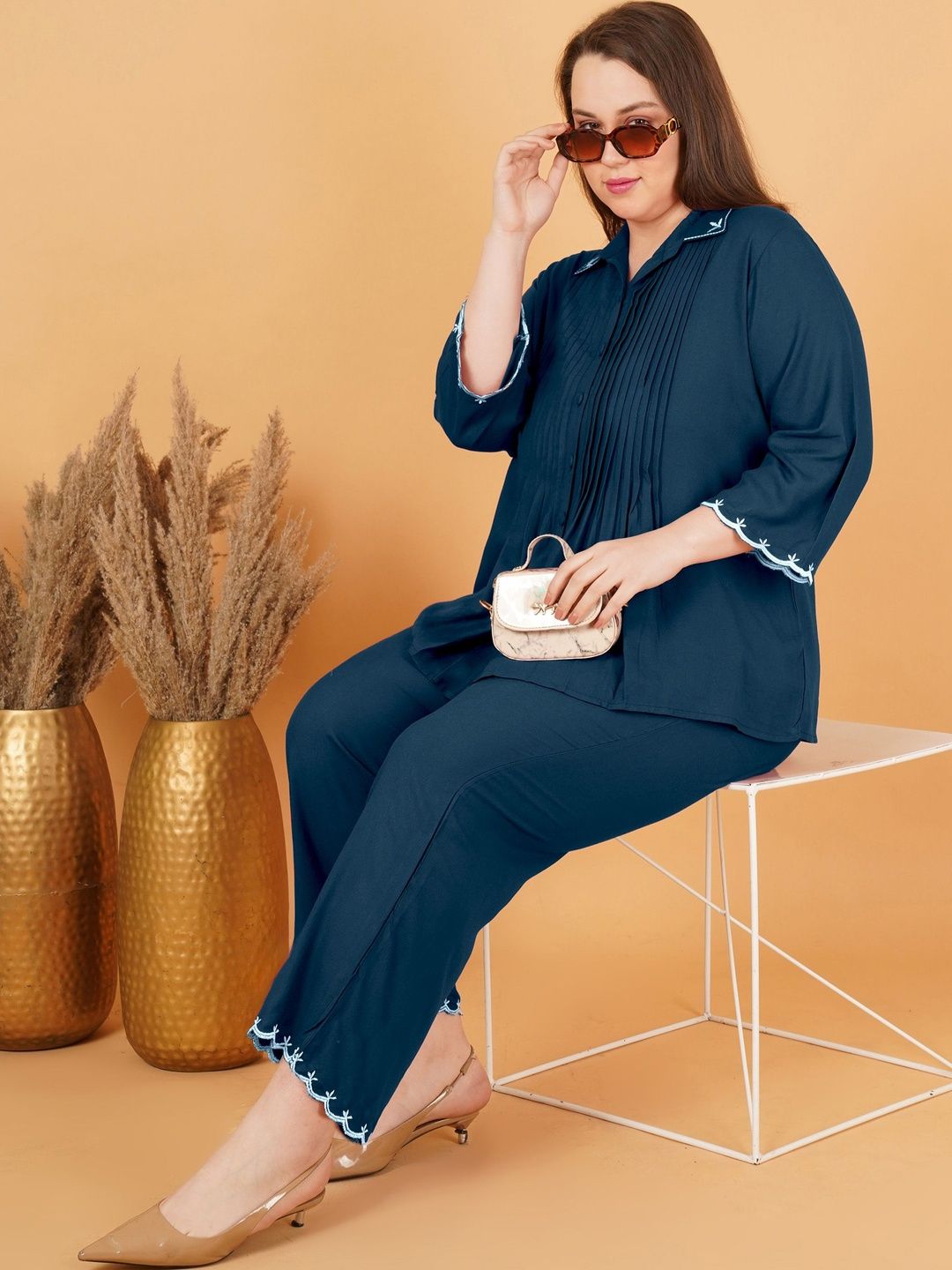 Peacock Blue Rayon Collar Embroidered Co Ord Set — view 4
