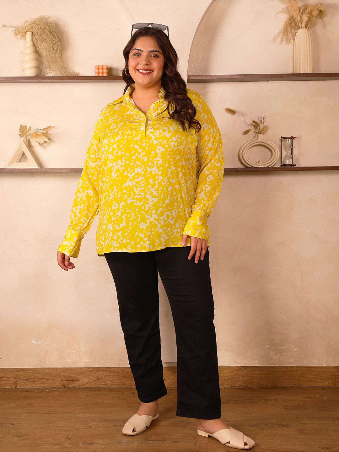 Yellow Print Satin Shirt — view 7