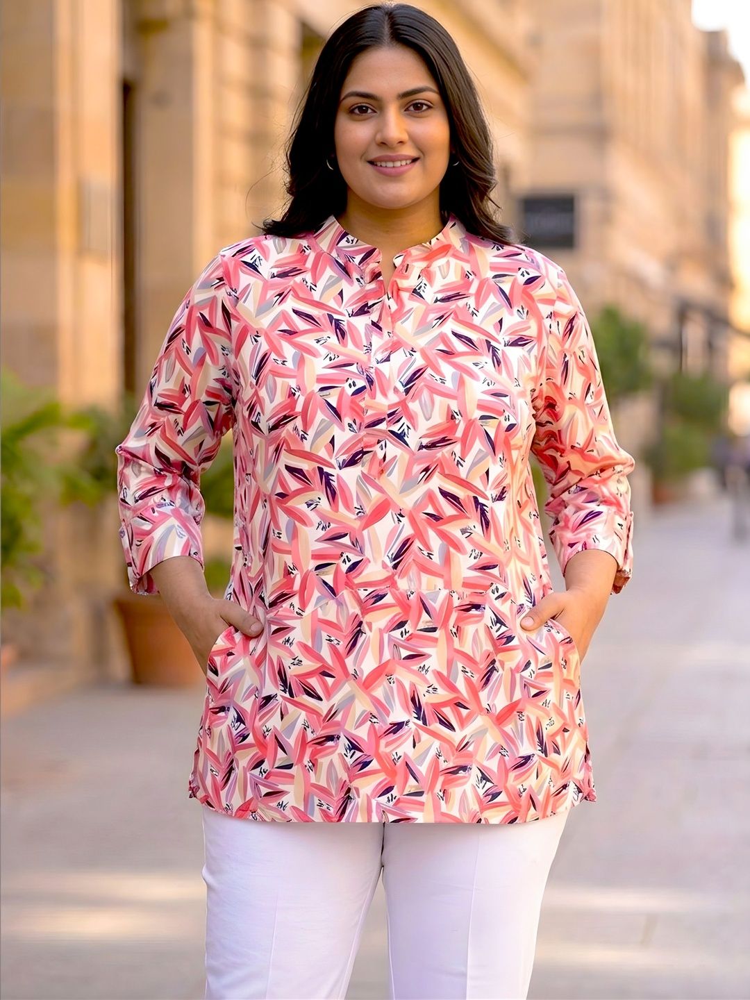 White and Pink Abstract Print Plus Size Tunic — view 1