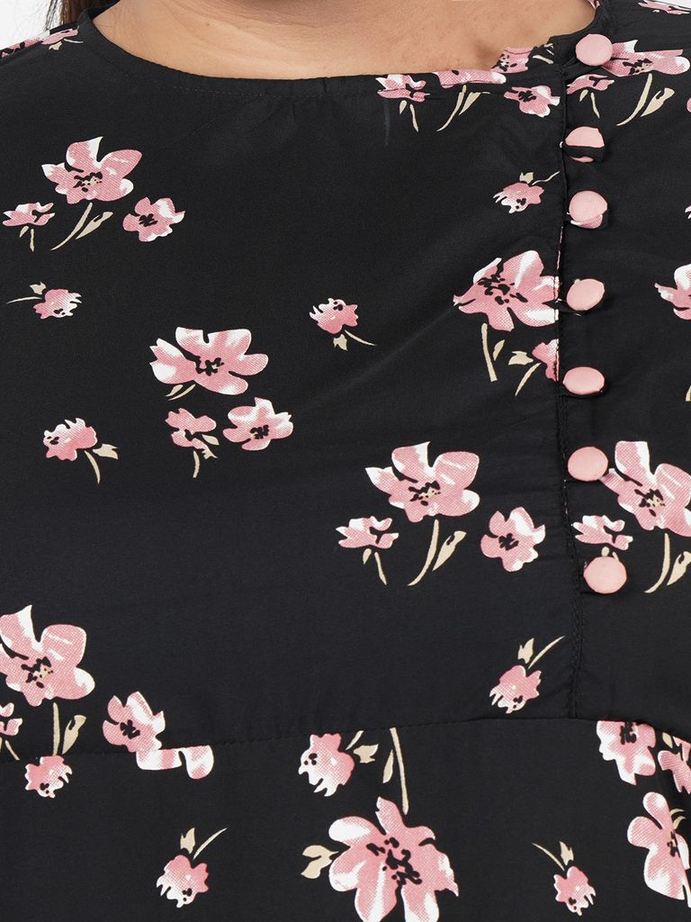 Black and Pink Floral Print Plus Size Dress
