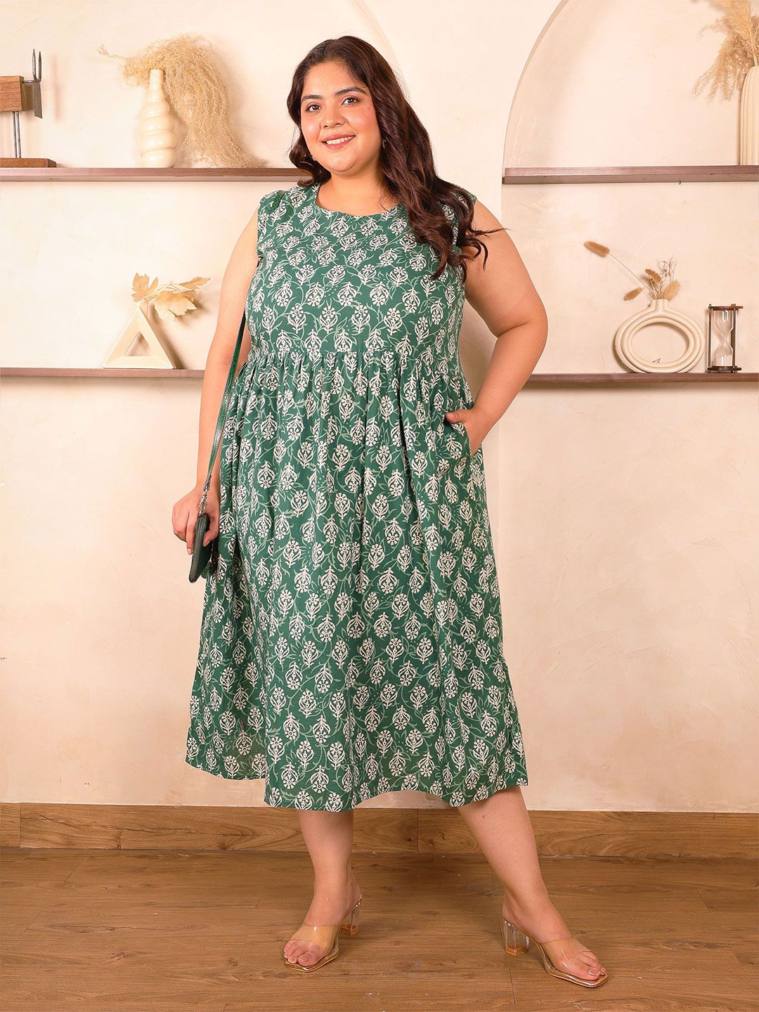 Green Geometric Print Cotton Plus Size Dress — view 6