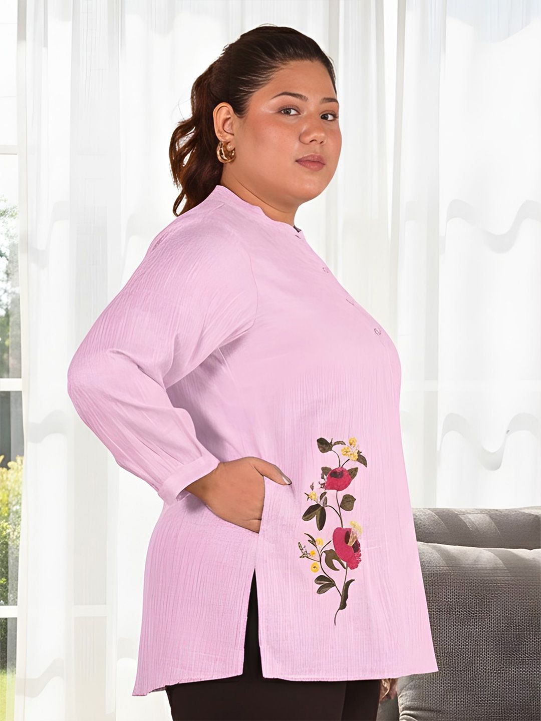 Pink Floral Embroidered Plus Size Tunic — view 3