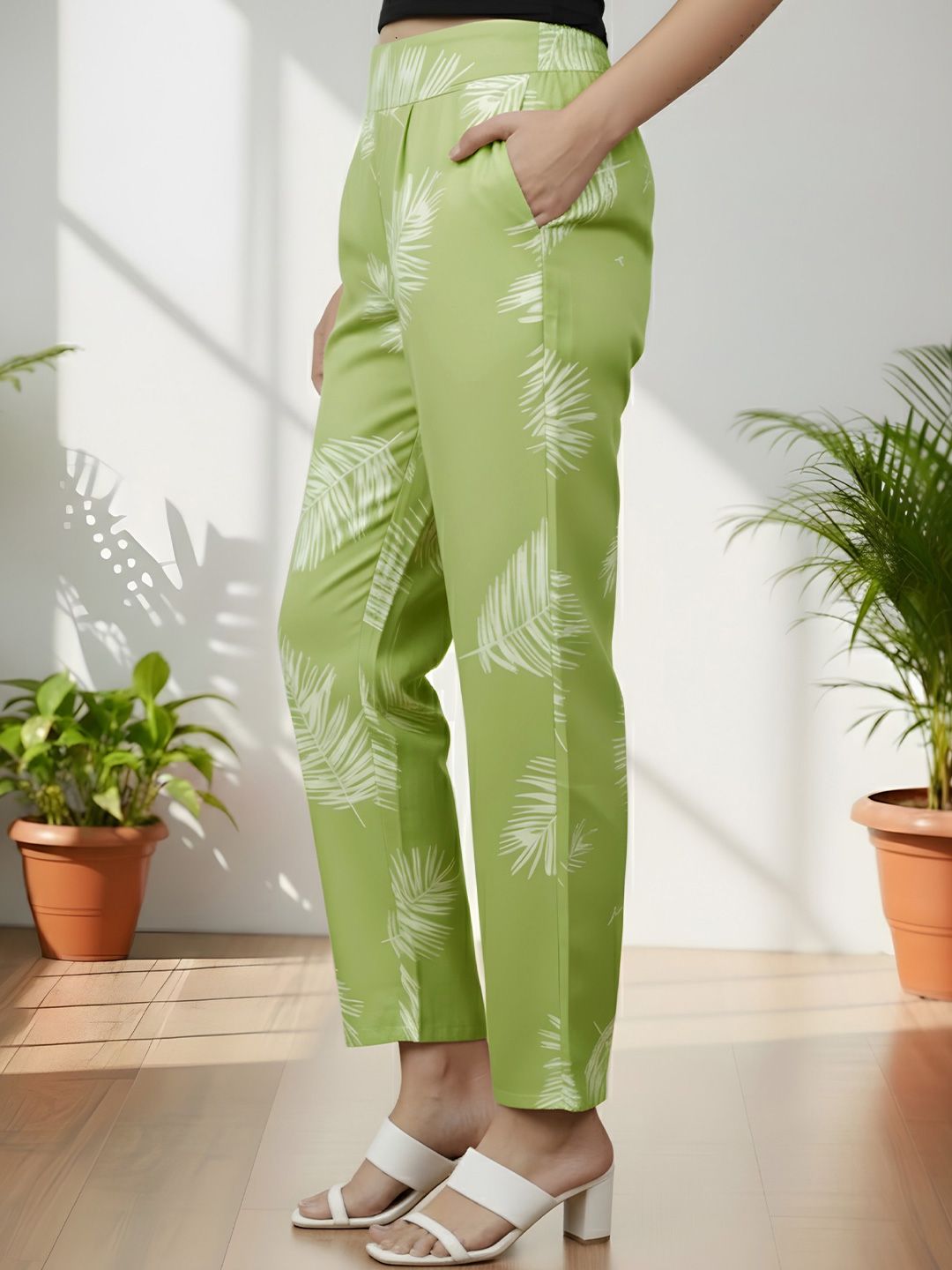 Green Leaf Print Trousers — view 3