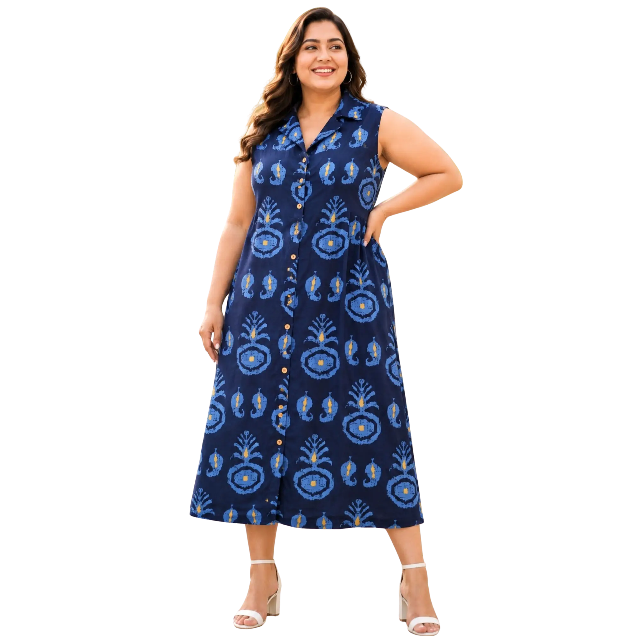 Blue Motif Print Midi Dress