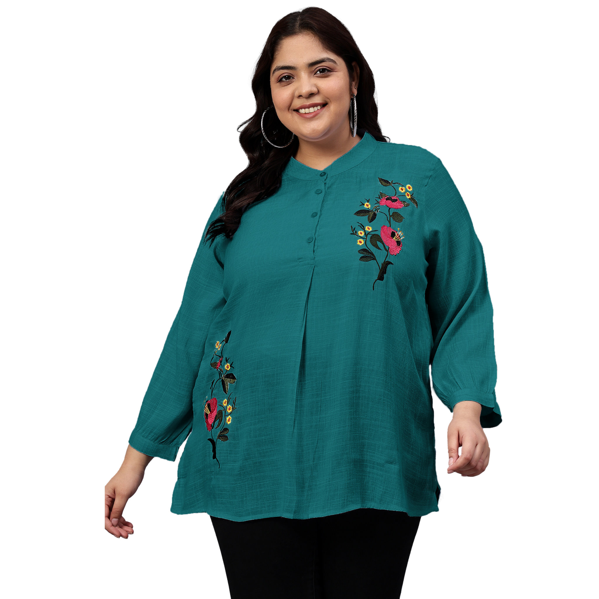Turquoise Floral Embroidered Plus Size Tunic