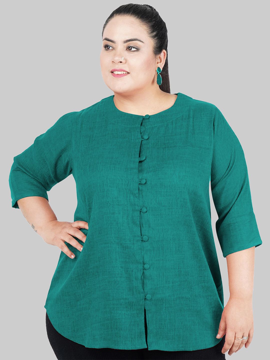 Turquoise Cotton Linen Plus Size Tunic — view 1
