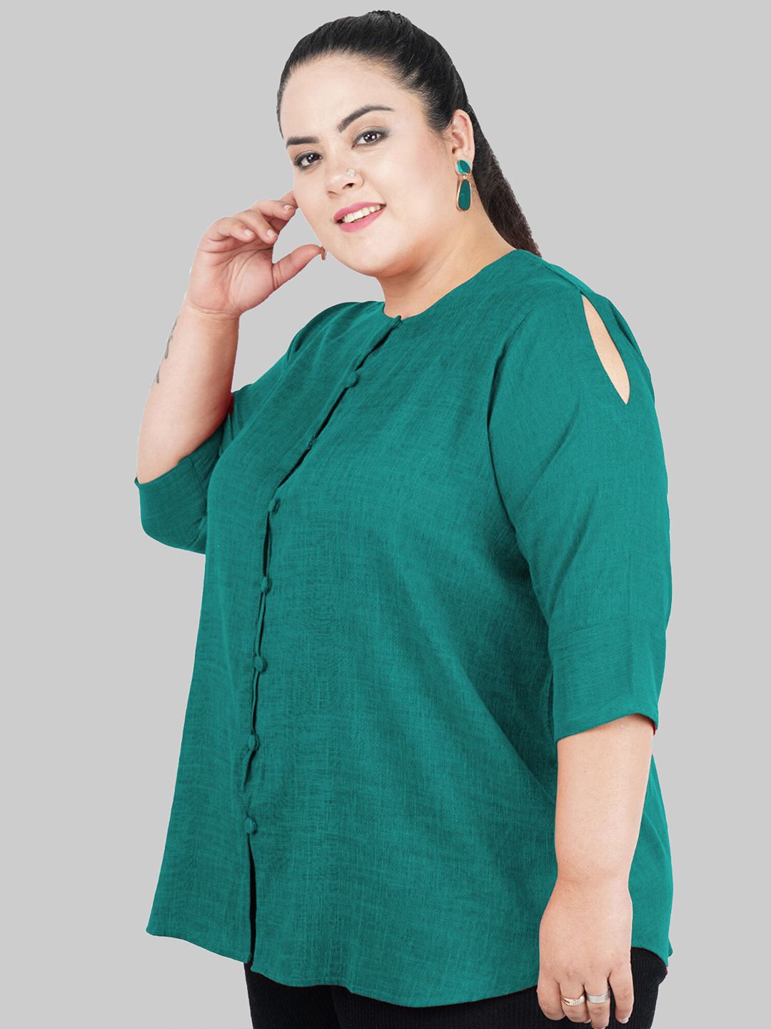 Turquoise Cotton Linen Plus Size Tunic — view 4